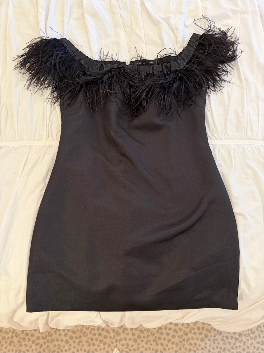 Off-Shoulder Feather Trim Mini Dress - Black